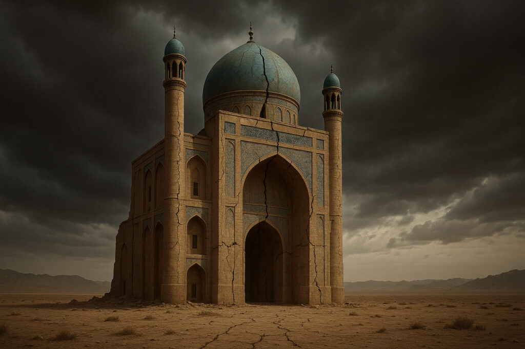 Digital artwork depicting a crumbling building with Persian architectural elements, symbolizing the decline of Iran’s Islamic Republic, under a stormy sky.