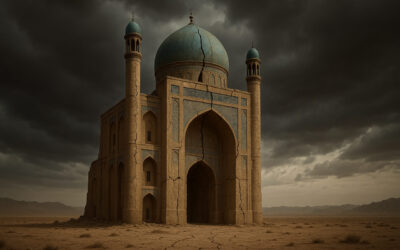Digital artwork depicting a crumbling building with Persian architectural elements, symbolizing the decline of Iran’s Islamic Republic, under a stormy sky.