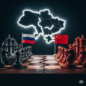 A dark chessboard with Russian and Chinese flags, representing the strategic tensions and betrayal between Xi Jinping and Vladimir Putin in the Ukraine conflict.