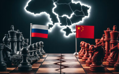 A dark chessboard with Russian and Chinese flags, representing the strategic tensions and betrayal between Xi Jinping and Vladimir Putin in the Ukraine conflict.