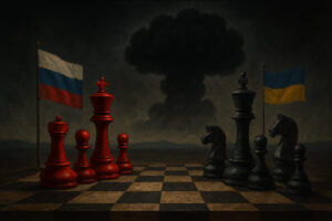 A stylized chessboard with Russian and Western pieces in a tense standoff, representing the Ukraine war and Putin’s escalating threats.