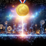 A futuristic digital brain intertwined with mathematical equations and gold medal symbols, representing AI's breakthrough in solving elite math problems like the IMO.