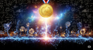 A futuristic digital brain intertwined with mathematical equations and gold medal symbols, representing AI's breakthrough in solving elite math problems like the IMO.