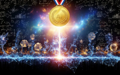 A futuristic digital brain intertwined with mathematical equations and gold medal symbols, representing AI's breakthrough in solving elite math problems like the IMO.