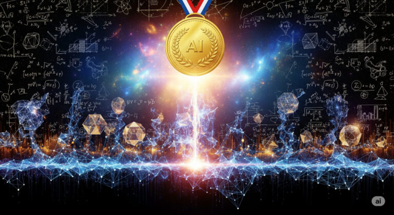 A futuristic digital brain intertwined with mathematical equations and gold medal symbols, representing AI's breakthrough in solving elite math problems like the IMO.