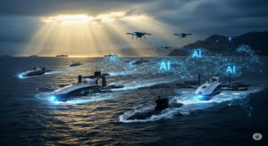 A futuristic illustration of AI-powered autonomous drones swarming over the Taiwan Strait, symbolizing advanced defense technology deterring potential conflict under a dramatic sunset sky.