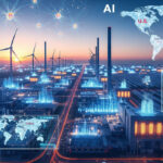 A futuristic illustration of a massive AI data center integrated with solar panels and urban landscapes, symbolizing America's push toward AI dominance amid global competition in 2025.