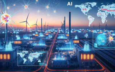 A futuristic illustration of a massive AI data center integrated with solar panels and urban landscapes, symbolizing America's push toward AI dominance amid global competition in 2025.