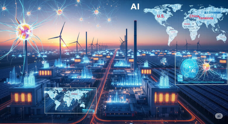 A futuristic illustration of a massive AI data center integrated with solar panels and urban landscapes, symbolizing America's push toward AI dominance amid global competition in 2025.