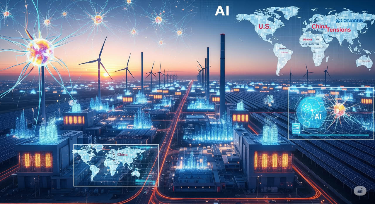 A futuristic illustration of a massive AI data center integrated with solar panels and urban landscapes, symbolizing America's push toward AI dominance amid global competition in 2025.