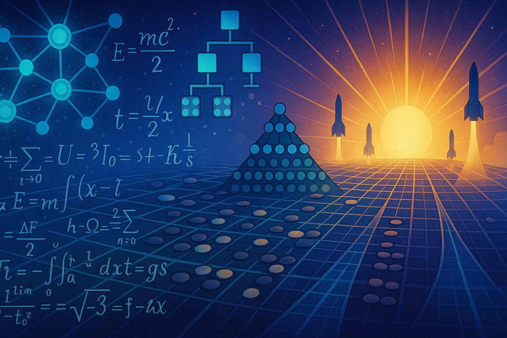 A futuristic digital landscape with glowing neural networks ascending toward a bright horizon, symbolizing AI breakthroughs in reasoning, math, and architecture discovery in 2025.