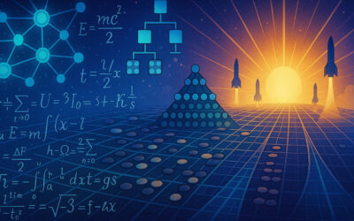 A futuristic digital landscape with glowing neural networks ascending toward a bright horizon, symbolizing AI breakthroughs in reasoning, math, and architecture discovery in 2025.