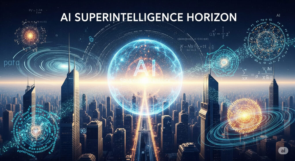 Futuristic city with glowing neural networks and human silhouettes, representing AI superintelligence concerns from Mustafa Suleyman.