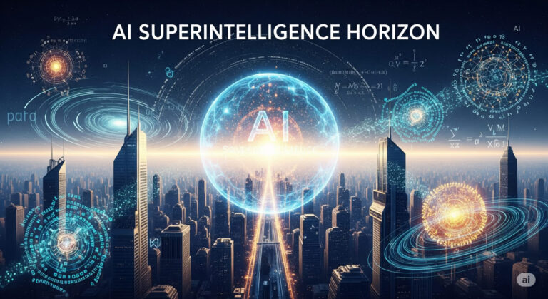 Futuristic city with glowing neural networks and human silhouettes, representing AI superintelligence concerns from Mustafa Suleyman.