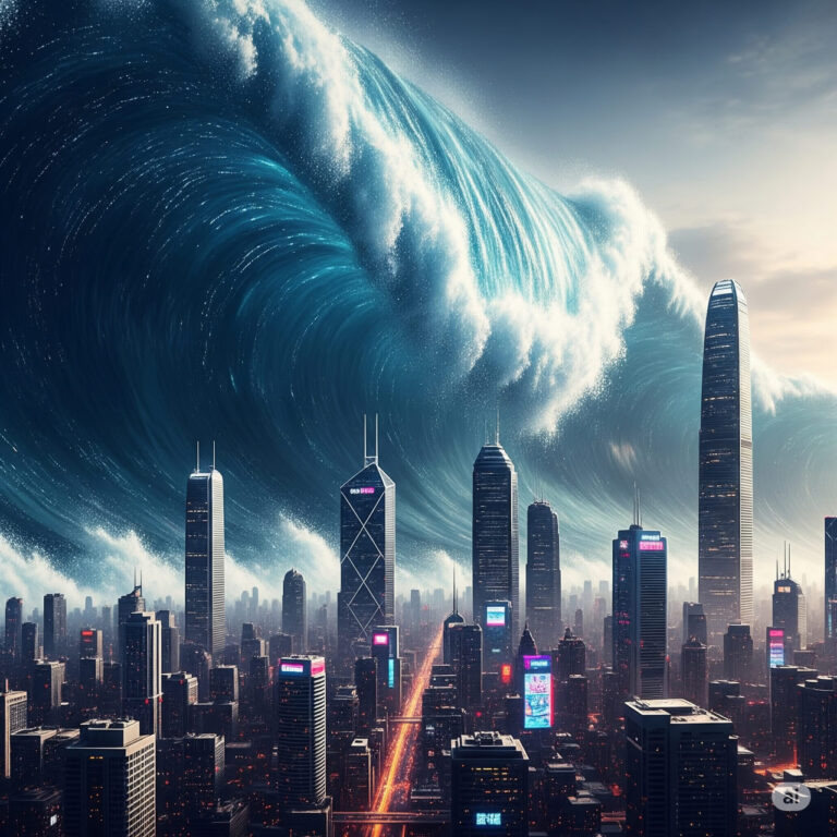 Illustration of an AI-induced tsunami wave made of circuit patterns and code, overwhelming a futuristic city, representing technological disruption and innovation.