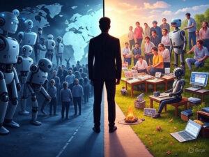 Futuristic split-image showing AI's impact on human happiness, with dystopian elements on one side and utopian abundance on the other, centered around ethical choices.