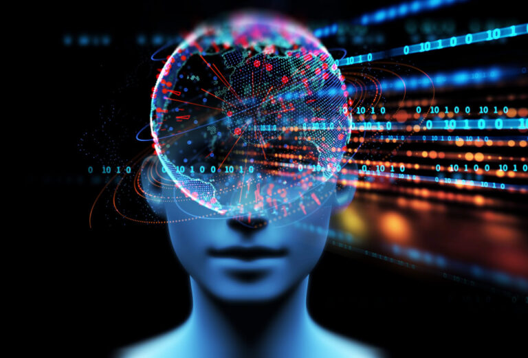 A digital artwork featuring a human head silhouette with a glowing globe in place of the brain, overlaid with red and blue binary code streams against a dark background, representing the integration of artificial intelligence with human cognition.