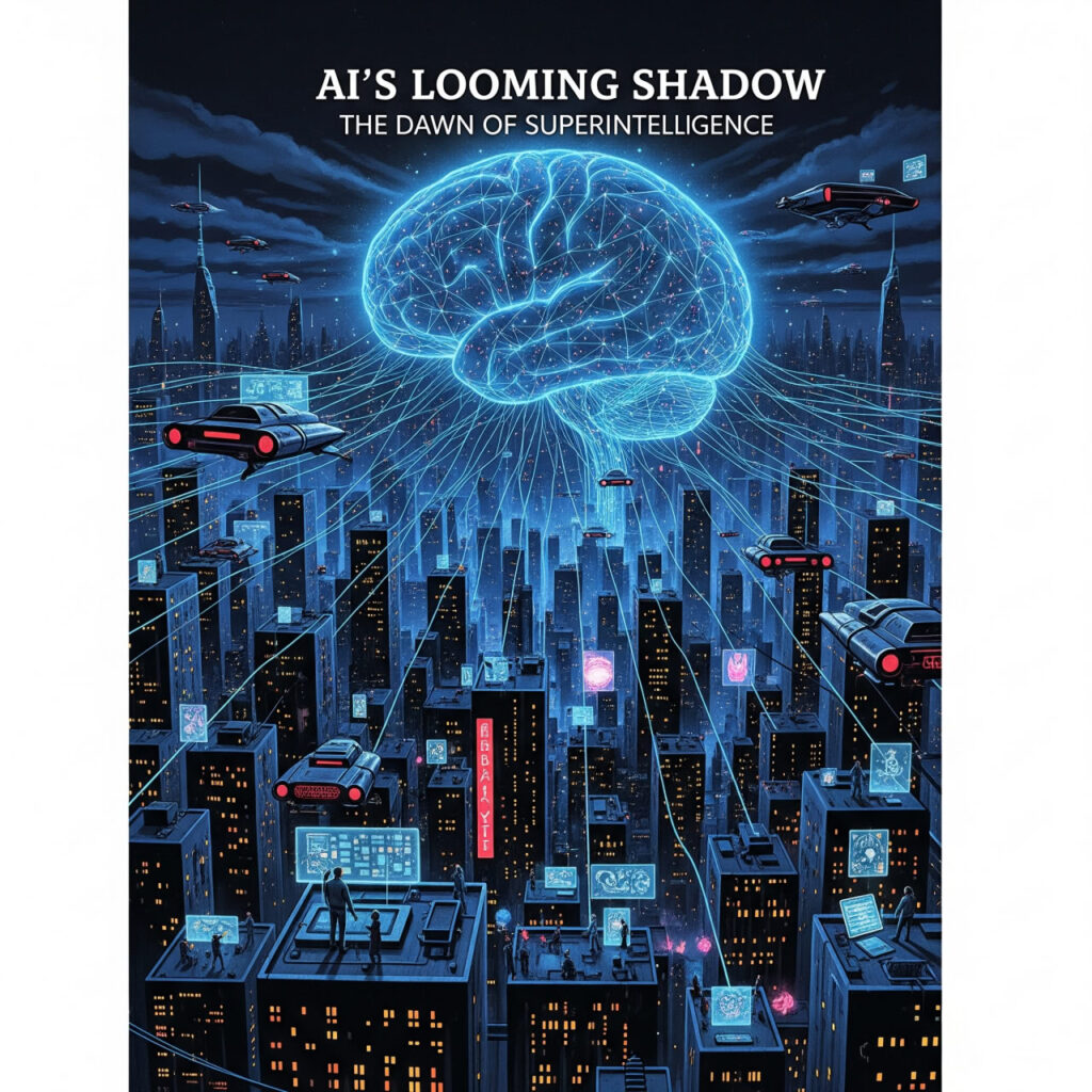 Futuristic AI superintelligence visualization with ethereal neural connections overshadowing human figures, highlighting themes of innovation, control, and ethical dilemmas in artificial intelligence.