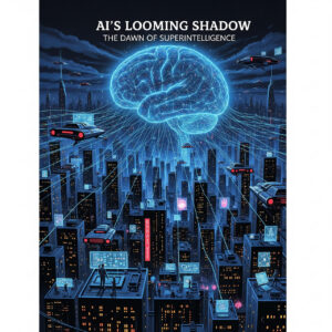 Futuristic AI superintelligence visualization with ethereal neural connections overshadowing human figures, highlighting themes of innovation, control, and ethical dilemmas in artificial intelligence.