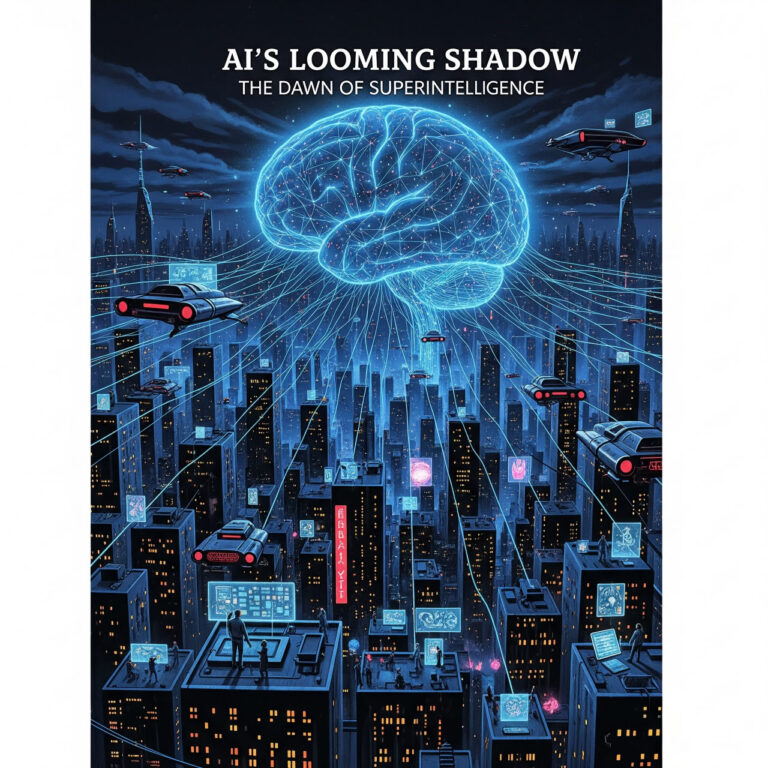 Futuristic AI superintelligence visualization with ethereal neural connections overshadowing human figures, highlighting themes of innovation, control, and ethical dilemmas in artificial intelligence.