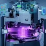 A futuristic illustration of ASML's massive High NA EUV lithography machine in a high-tech cleanroom, symbolizing precision chipmaking innovation under glowing ultraviolet light.