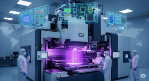 A futuristic illustration of ASML's massive High NA EUV lithography machine in a high-tech cleanroom, symbolizing precision chipmaking innovation under glowing ultraviolet light.