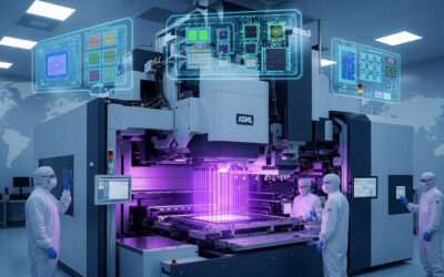 A futuristic illustration of ASML's massive High NA EUV lithography machine in a high-tech cleanroom, symbolizing precision chipmaking innovation under glowing ultraviolet light.
