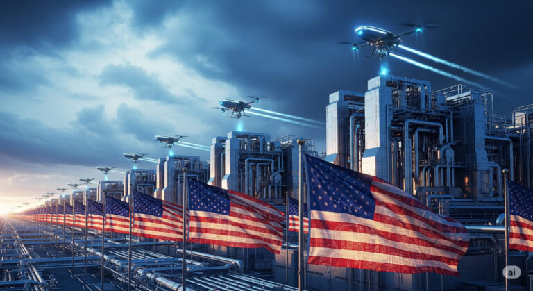A futuristic scene depicting advanced defense technology with autonomous drones and factories under a dramatic sky, symbolizing innovation in military strategy against global threats.