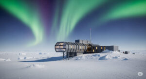 Dramatic image of a modern research station in Antarctica with snow-covered landscape, high-tech buildings on stilts, and vibrant aurora borealis in the night sky.