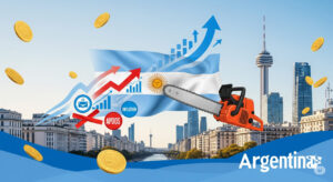 Artistic depiction of Argentina economy revival under Milei with GDP charts, peso symbols, and libertarian motifs for 2025 analysis.