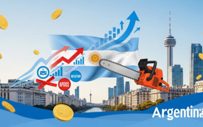 Artistic depiction of Argentina economy revival under Milei with GDP charts, peso symbols, and libertarian motifs for 2025 analysis.