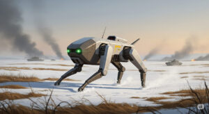 Digital artwork depicting a remote-controlled robo-dog ground drone in a wintry Ukrainian landscape, highlighting modern combat robotics and Ukraine's innovative brigade.
