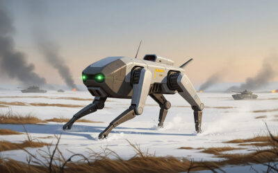 Digital artwork depicting a remote-controlled robo-dog ground drone in a wintry Ukrainian landscape, highlighting modern combat robotics and Ukraine's innovative brigade.