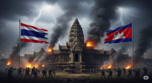 Digital illustration of a contested border temple shrouded in smoke, with Thai and Cambodian flags in the foreground and a stormy sky overhead, representing the 2025 Thailand-Cambodia conflict.