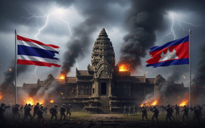 Digital illustration of a contested border temple shrouded in smoke, with Thai and Cambodian flags in the foreground and a stormy sky overhead, representing the 2025 Thailand-Cambodia conflict.