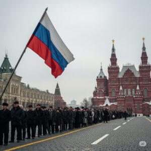 Snow-covered Red Square in Moscow with bread lines and a faded Russian flag, reflecting economic hardship in 2027.