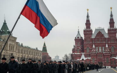 Snow-covered Red Square in Moscow with bread lines and a faded Russian flag, reflecting economic hardship in 2027.