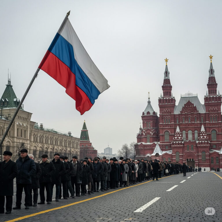 Snow-covered Red Square in Moscow with bread lines and a faded Russian flag, reflecting economic hardship in 2027.
