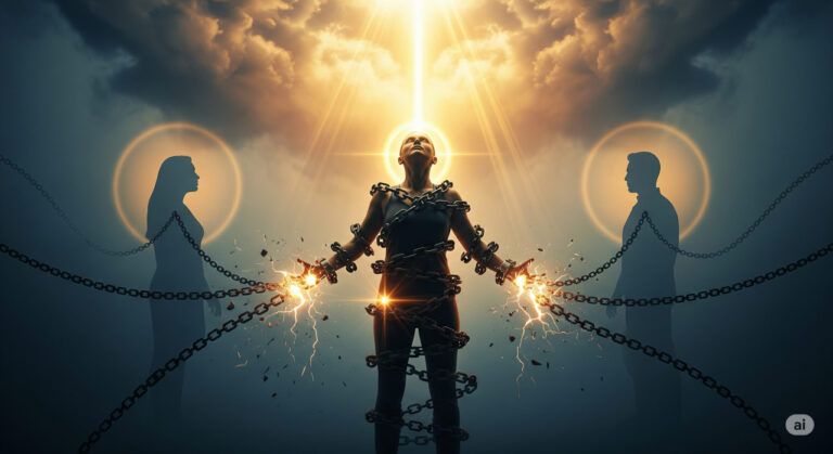 A symbolic illustration of a person shattering invisible chains linking them to shadowy parental figures, evoking themes of resentment and liberation in relationships.