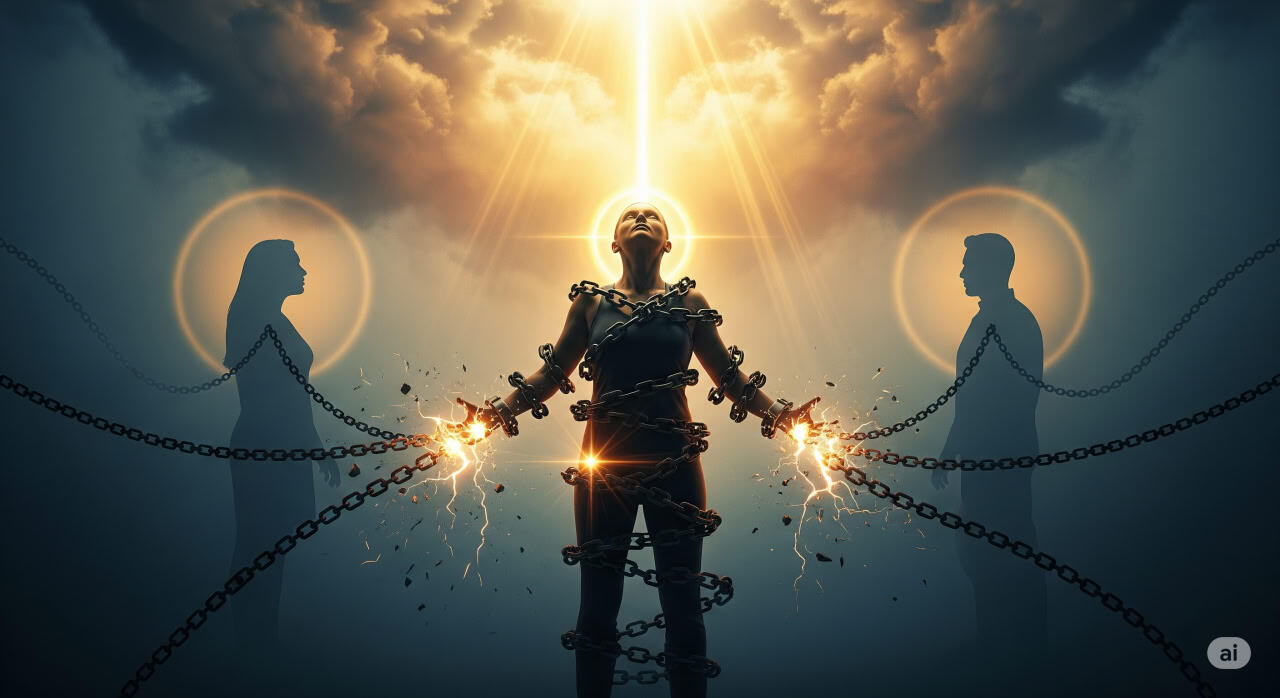 A symbolic illustration of a person shattering invisible chains linking them to shadowy parental figures, evoking themes of resentment and liberation in relationships.