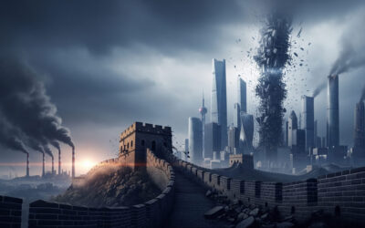 Digital illustration of a crumbling Great Wall of China with collapsing skyscrapers and a faded flag, symbolizing China's economic and geopolitical crisis under a stormy sky.
