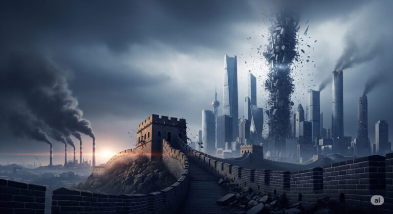 Digital illustration of a crumbling Great Wall of China with collapsing skyscrapers and a faded flag, symbolizing China's economic and geopolitical crisis under a stormy sky.