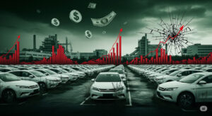 Digital art depicting Chinese EV overproduction with parked unused cars, fake sales charts, and subsidy money raining down for economic analysis.
