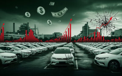 Digital art depicting Chinese EV overproduction with parked unused cars, fake sales charts, and subsidy money raining down for economic analysis.