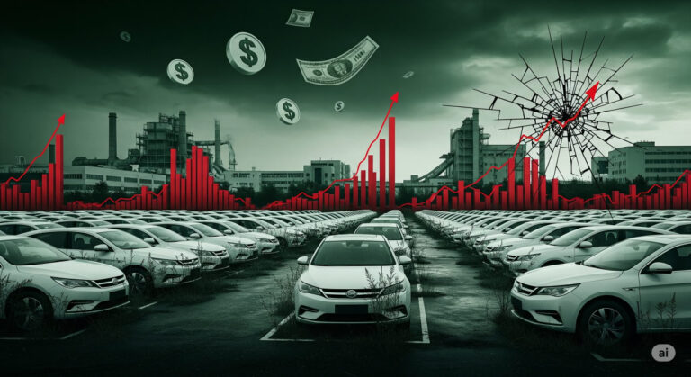 Digital art depicting Chinese EV overproduction with parked unused cars, fake sales charts, and subsidy money raining down for economic analysis.