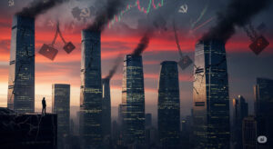 A dramatic skyline of Shanghai with crumbling buildings and shadowy figures leaping from heights, symbolizing the suicides and economic collapse among China's elite entrepreneurs.