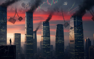 A dramatic skyline of Shanghai with crumbling buildings and shadowy figures leaping from heights, symbolizing the suicides and economic collapse among China's elite entrepreneurs.