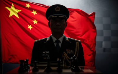 A shadowy silhouette of a general in a military uniform stands before a red Chinese flag, symbolizing the power struggle within the CCP.