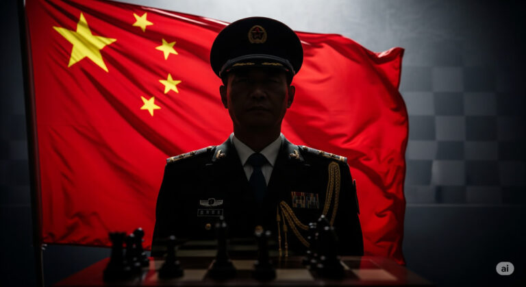 A shadowy silhouette of a general in a military uniform stands before a red Chinese flag, symbolizing the power struggle within the CCP.