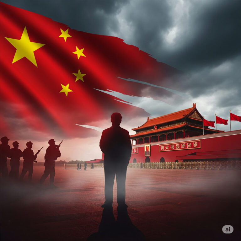 Digital illustration of a shadowy Xi Jinping silhouette in front of Zhongnanhai’s red walls, with military figures and a fragmented Chinese flag under a stormy sky.